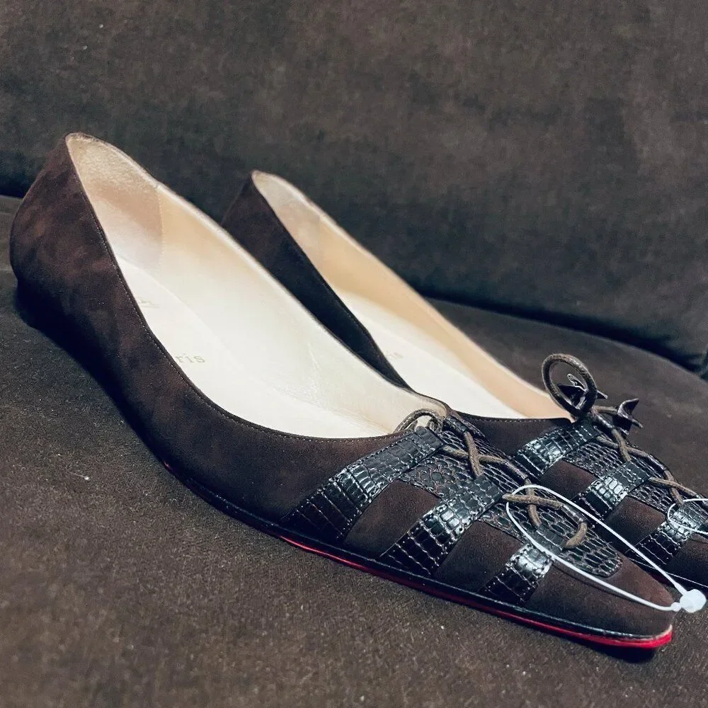 RARE Unique Christian Louboutin Suede Pointed Chocolate Brown Womens 39 EUR 9 US